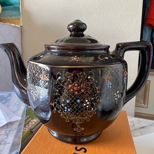 Vintage Japanese Black Floral Ceramic Teapot